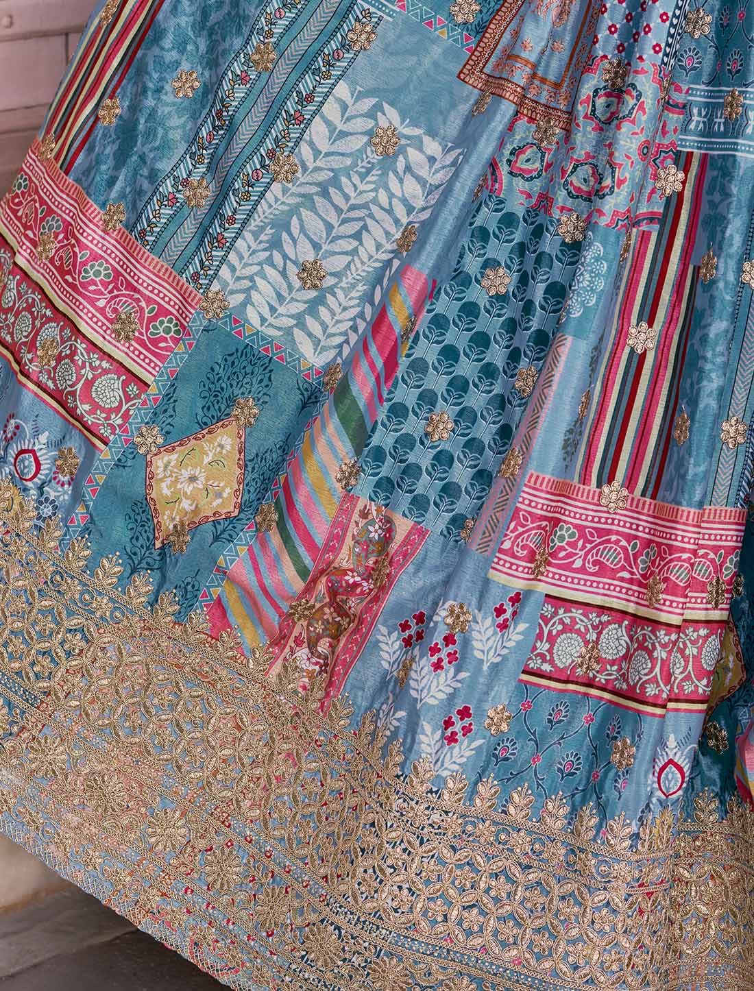 Sky Chinon Silk With Zari Dori Embroidery Designer Ethnic Lehenga Choli