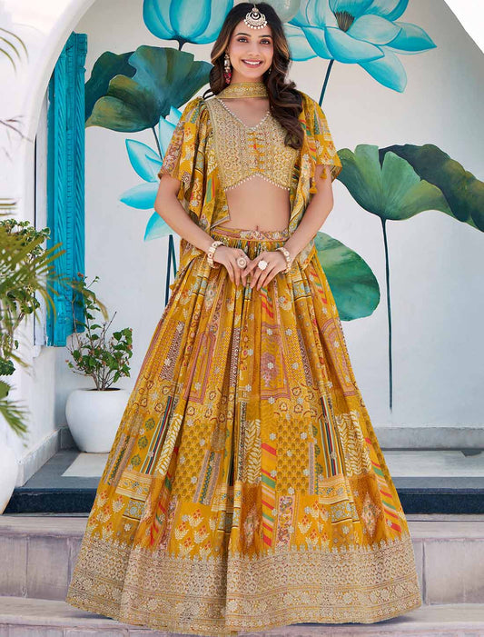 Ethnic Yellow Chinon Silk With Zari Dori Embroidery Designer Lehenga Choli