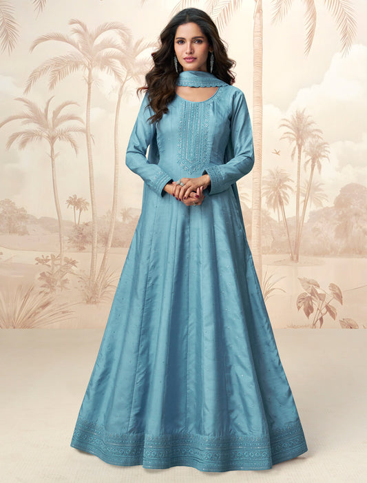 Blue Premium Silk Free Size Designer Party Wear Gown For Women
