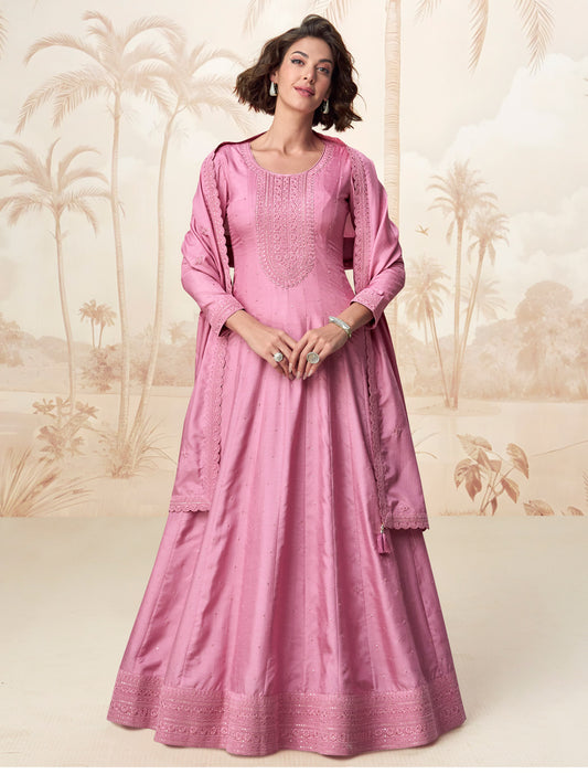 Pink Premium Silk Free Size Designer Party Wear Gown For Women