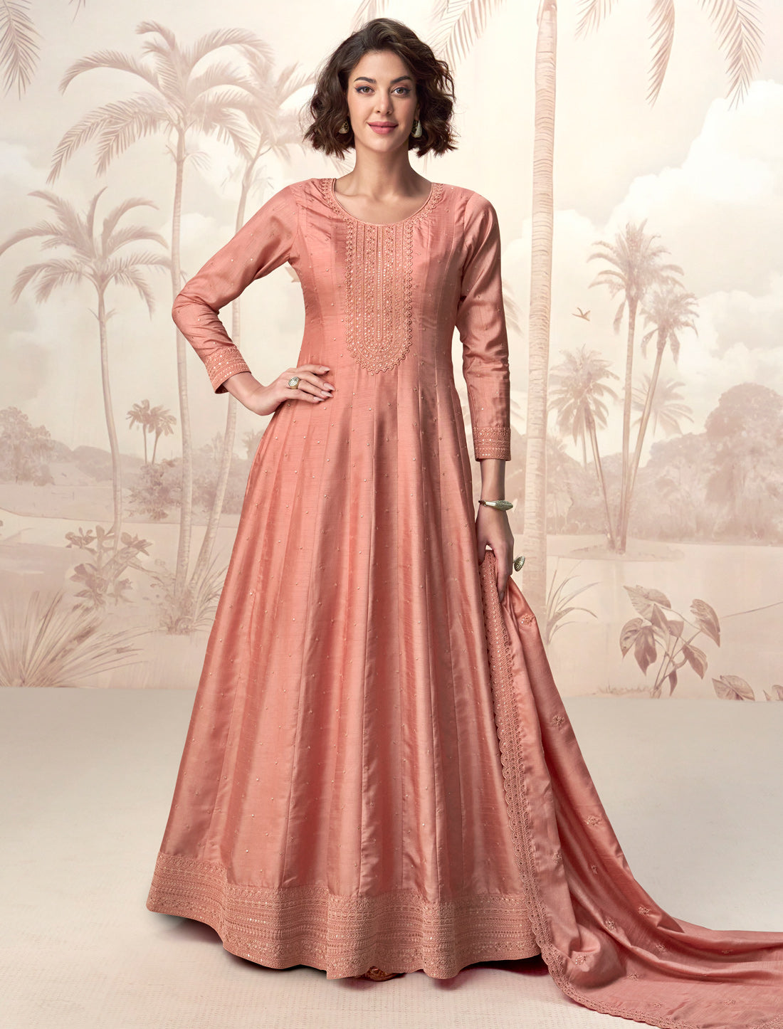 Peach Premium Silk Free Size Designer Party Wear Gown For Women