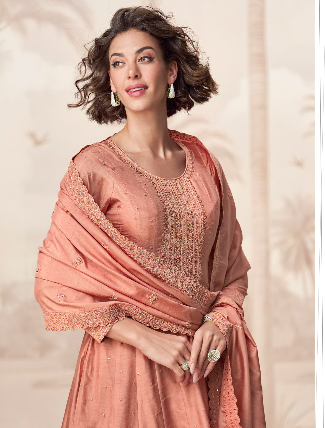 Peach Premium Silk Free Size Designer Party Wear Gown For Women