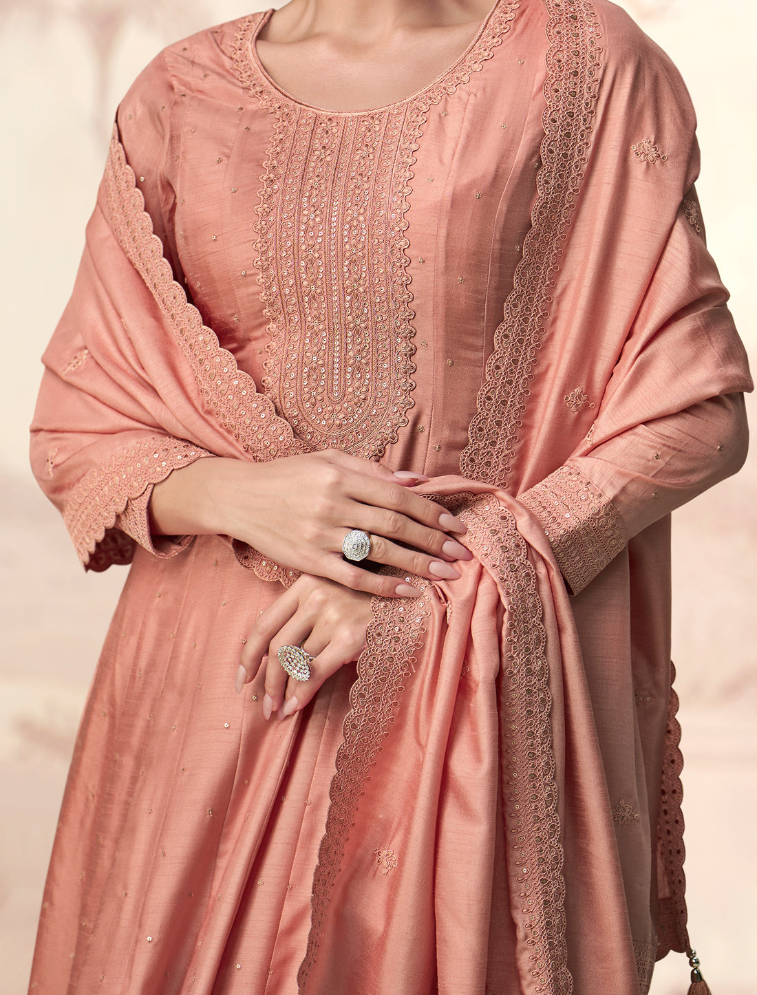 Peach Premium Silk Free Size Designer Party Wear Gown For Women