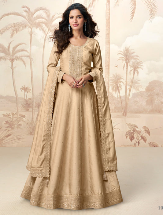 Beige Premium Silk Free Size Designer Party Wear Gown For Women