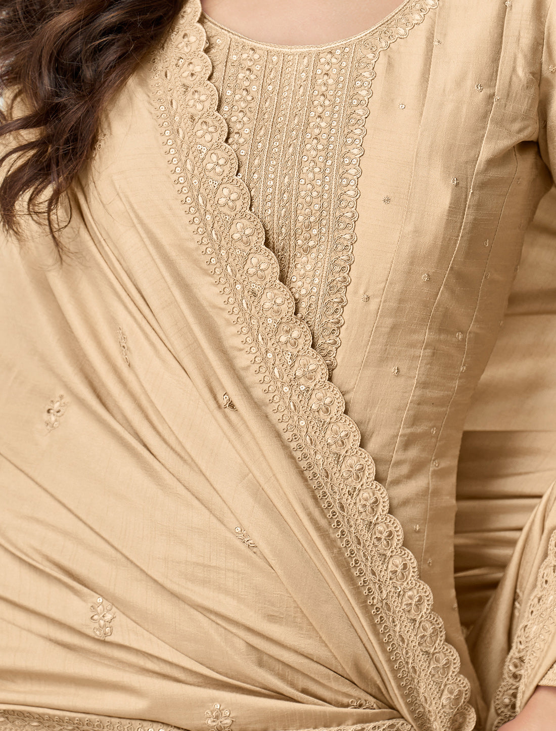 Beige Premium Silk Free Size Designer Party Wear Gown For Women