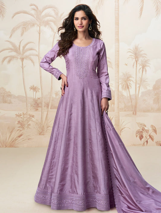 Purple Premium Silk Free Size Designer Party Wear Gown For Women