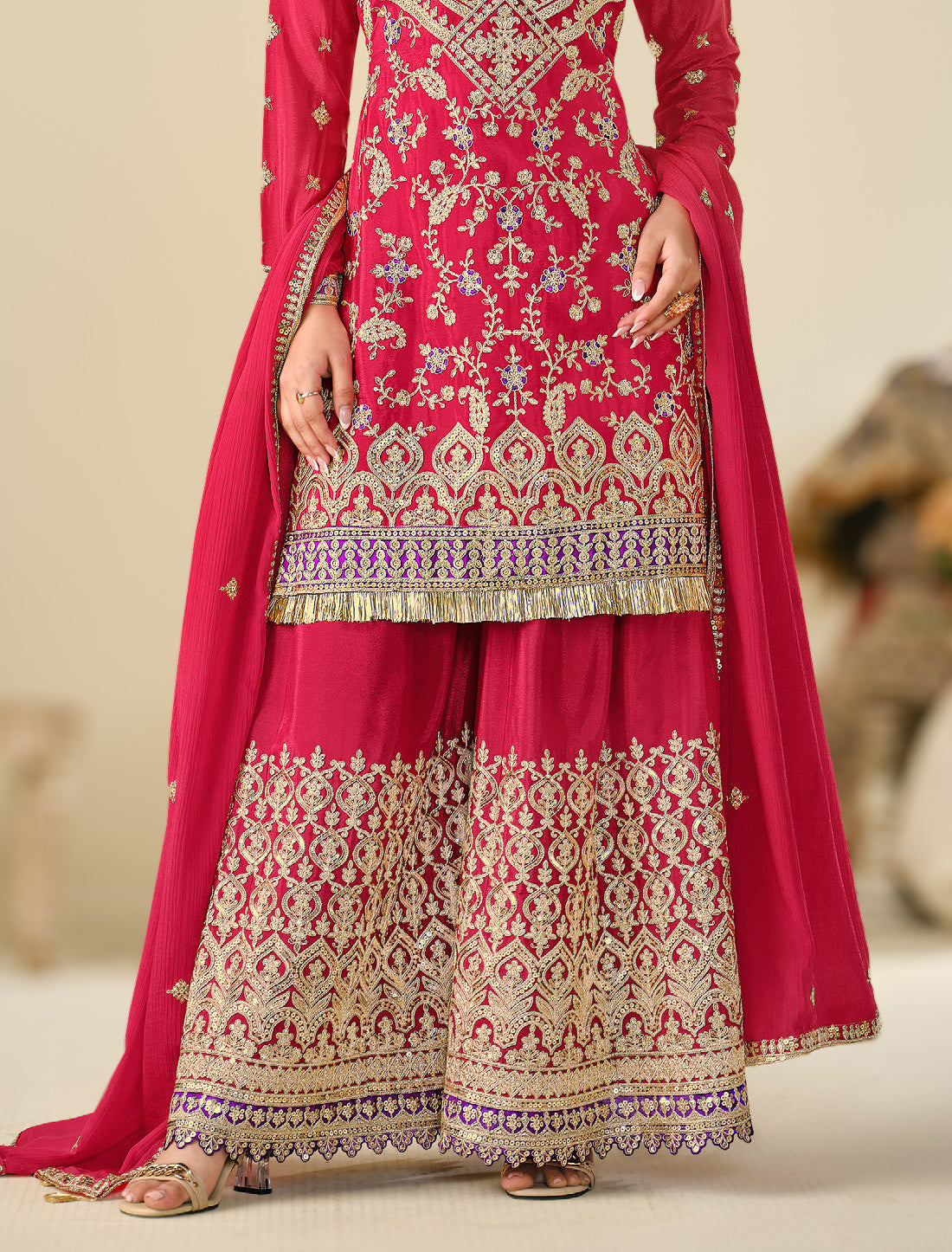 Designer Chinon Set with Flare Plazo & Dupatta