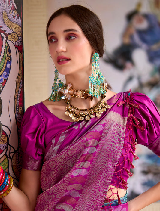 Blue Banarasi Silk Tissue With Beautiful Weaving Work
