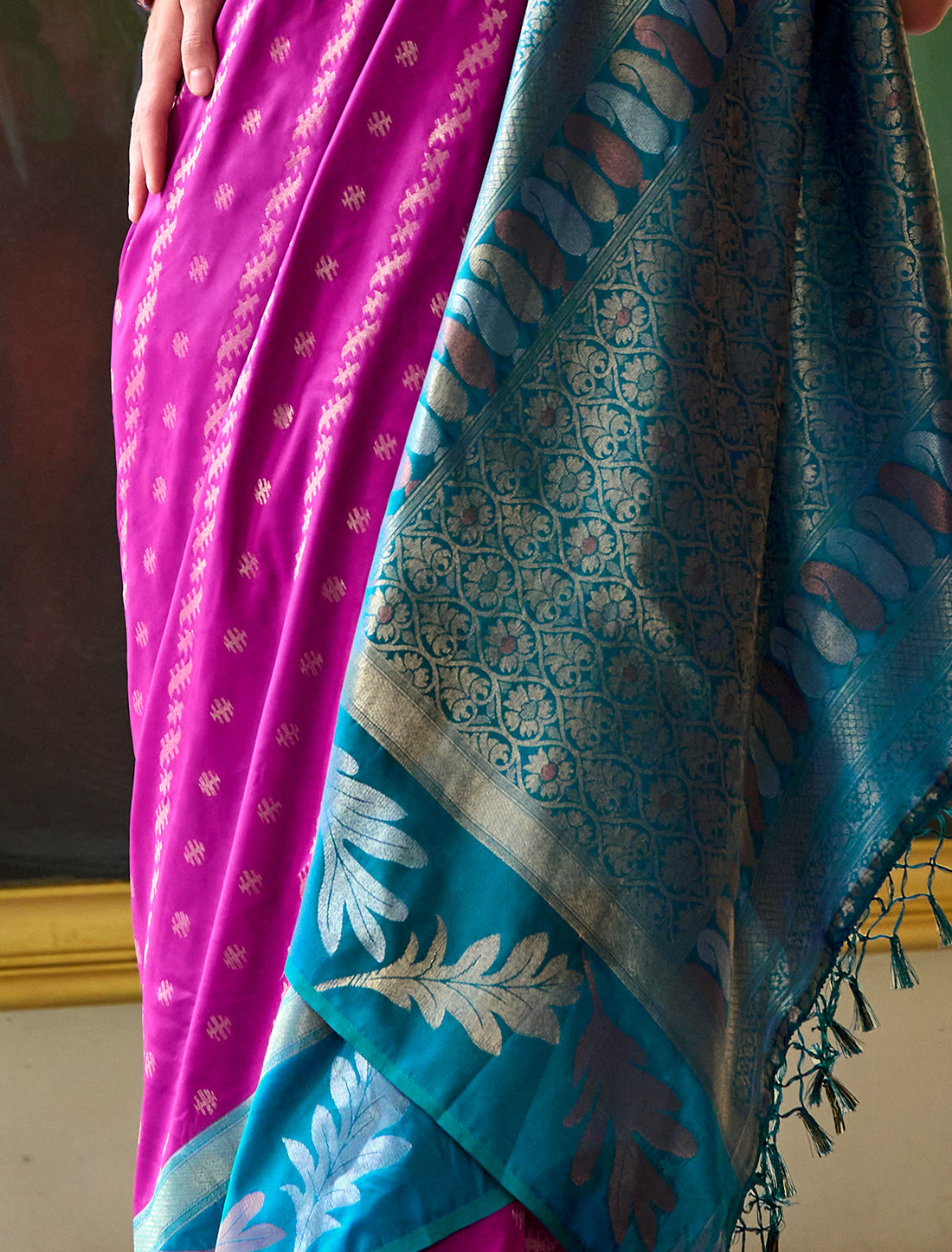 Wine Banarasi Silk Tissue Saree With Beautiful Weaving Work
