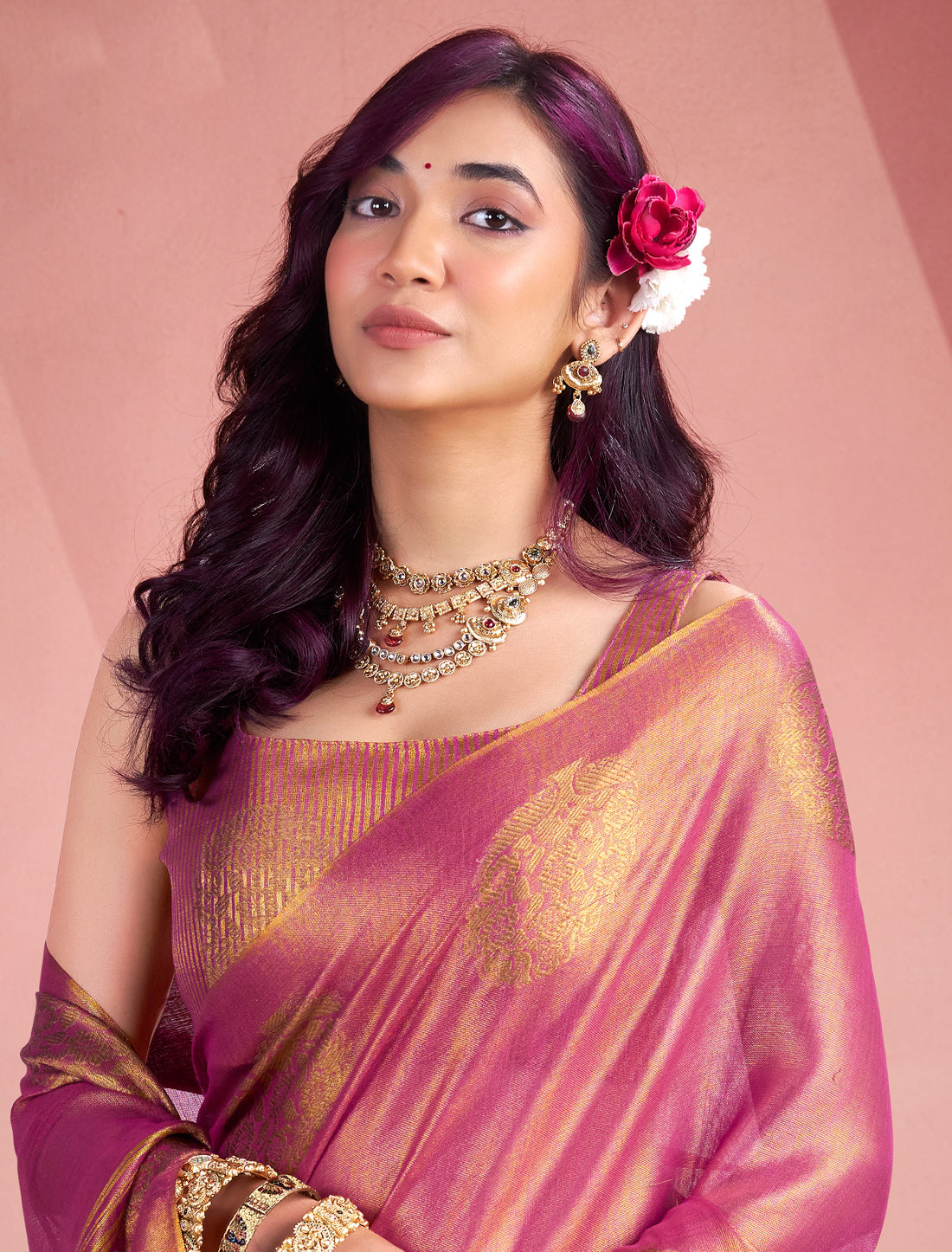 Raspberry Tissue Silk Party Wear Ethnic Woven Saree