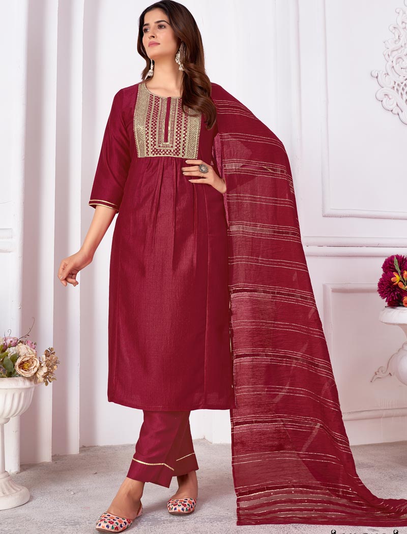 Ethereal Elegance Vertical Silk Kurti with Pant & Banarasi Dupatta Full Stitched Set For Women