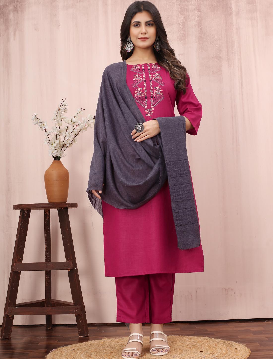Luxurious Cotton Slub With Fancy Dupatta & Embroidery Work Kurta Set
