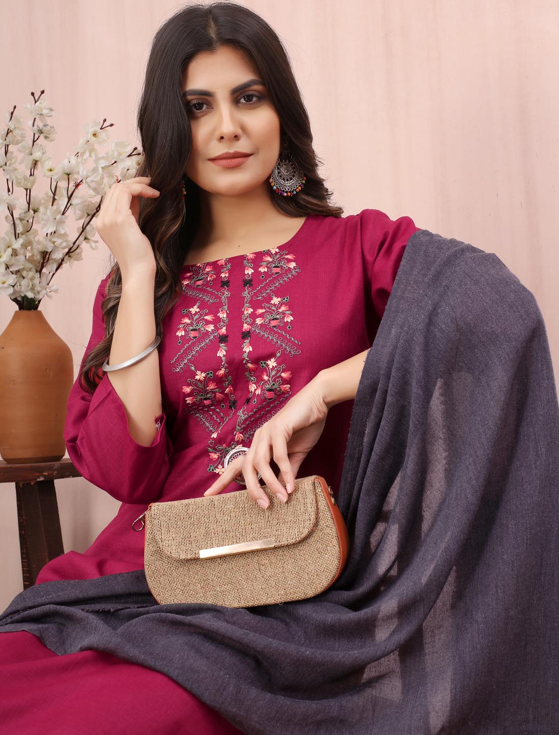Luxurious Cotton Slub With Fancy Dupatta & Embroidery Work Kurta Set