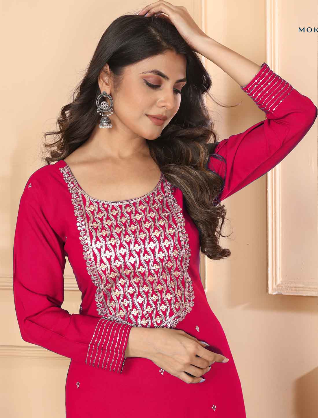 Dark Pink Premium Rayon Ethnic Hevay Embroidery Kurta Sets Collection