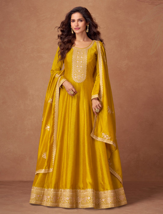 Yellow Free Size Silk Designer Party Wear Gown For Women
