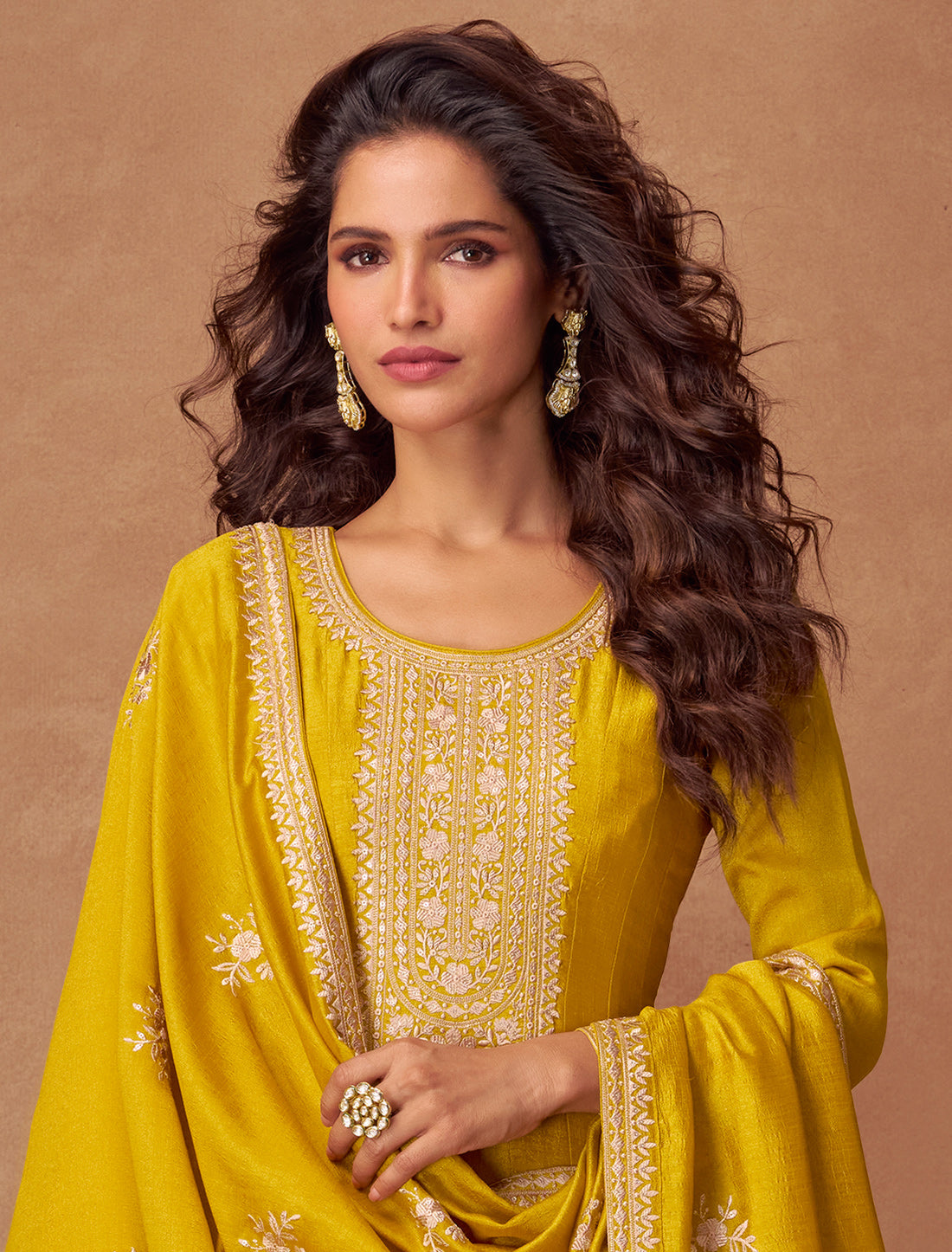 Yellow Free Size Silk Designer Party Wear Gown For Women