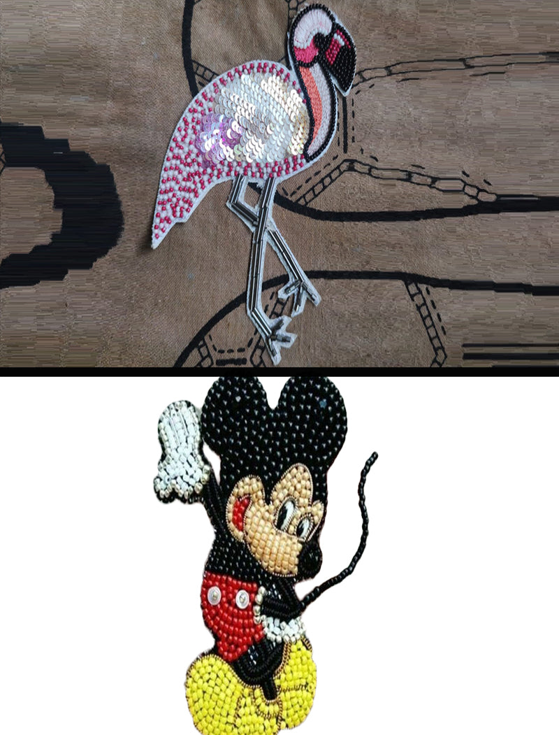 RJ Biirthy Flamingo and Mickey Combo Washable Hand Beaded Patches and Brooches