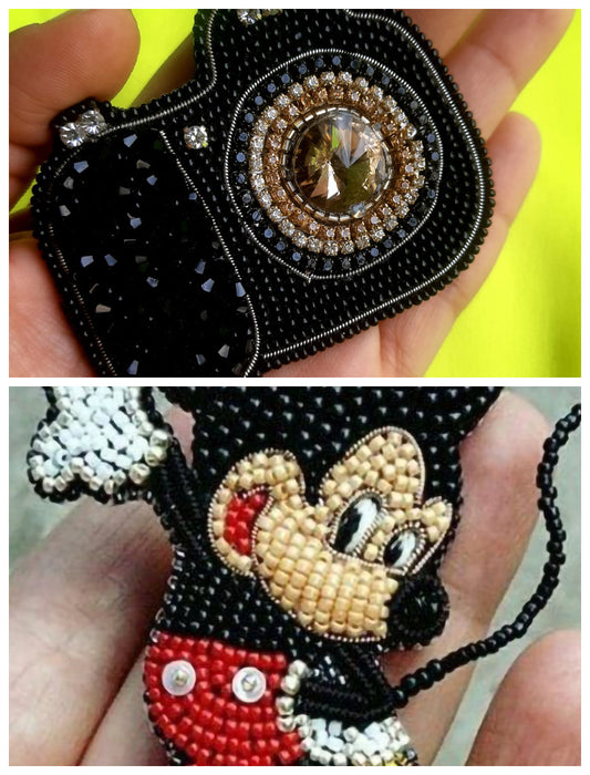 RJ Biirthy Camera and Mickey Combo Washable Hand Beaded Patches and Brooches