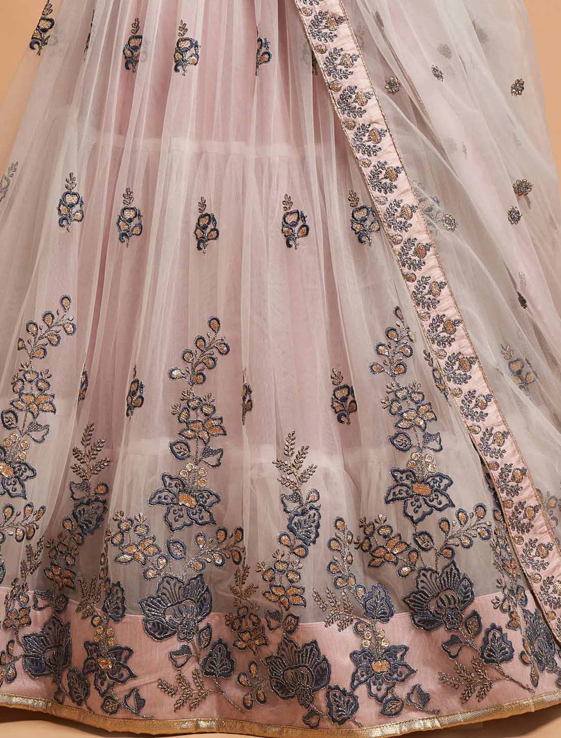 Grey Ethnic Soft Net Thrread Dori Zari Sequins Embroidery Lehenga Choli