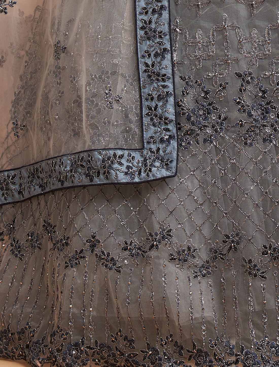 Grey Soft Net Zari Badal Dori Thread Embroidery Ethnic Lehenga Choli