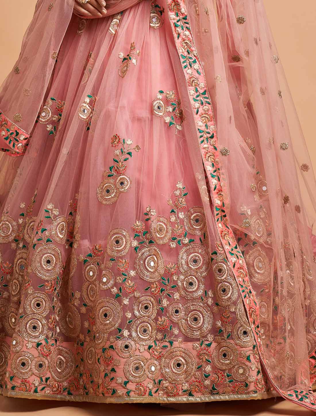 Peach Ethnic Soft Net Thread Zari Dori & Sequins Embroidery Lehenga Choli