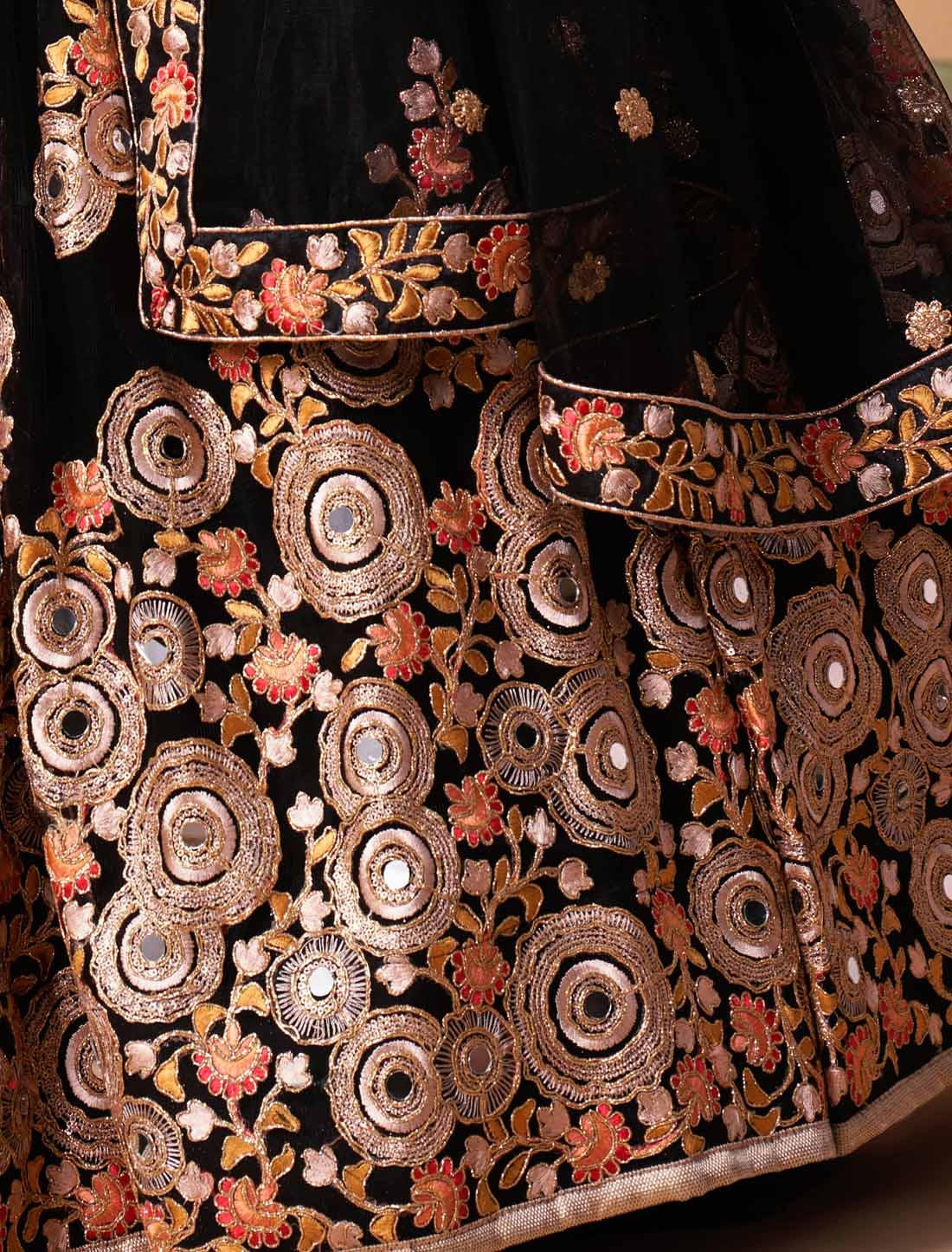 Black Ark Silk With Soft Net Thread Zari Embroidery Mirror Ethnic Lehenga Choli