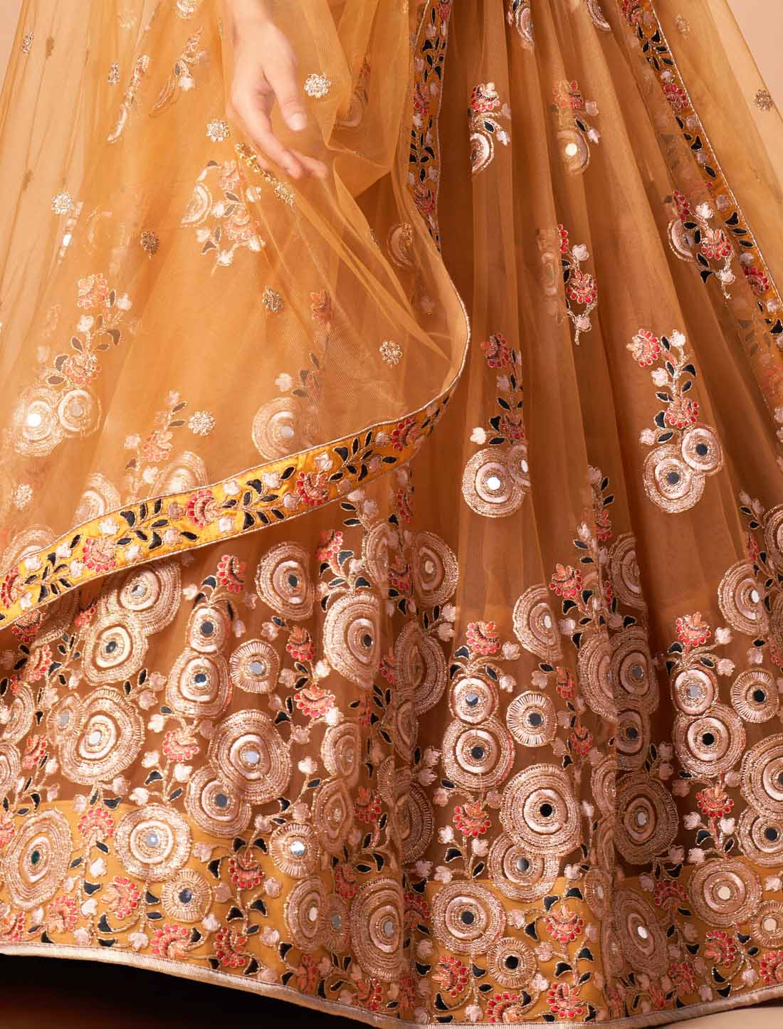 Gold Soft Net With Art Silk Ethnic Thread Zari Embroidery Mirror Lehenga Choli