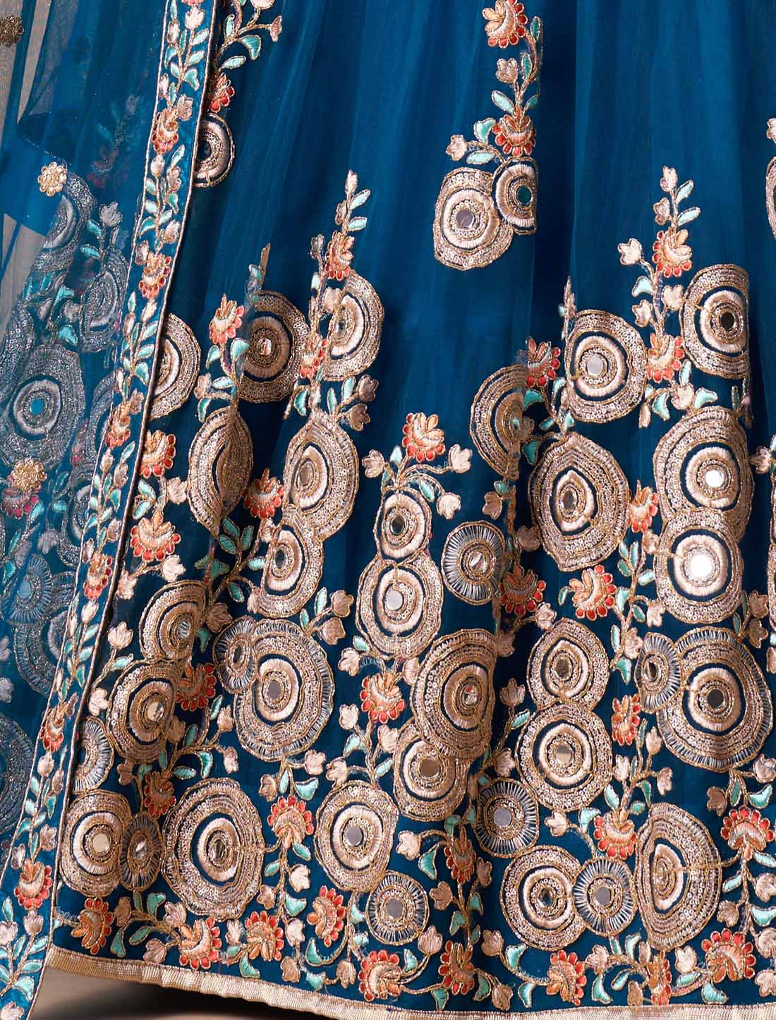 Dove Blue Soft Net With Art Silk Thread Zari Embroidery Mirror Lehenga Choli