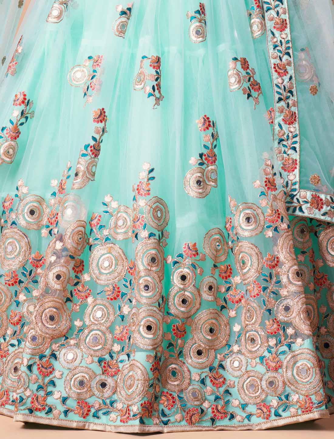 Sky Blue Soft Net With Art Silk Thread Zari Embroidery Mirror Lehenga Choli