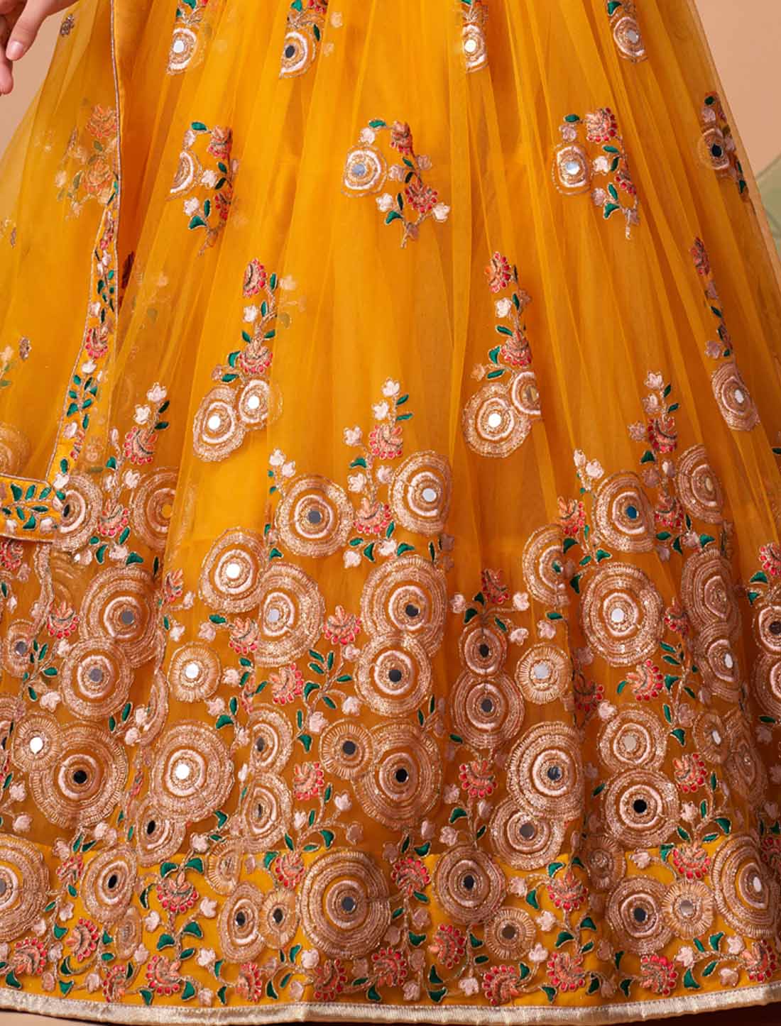Yellow Soft Net With Art Silk Thread Zari Embroidery Mirror Lehenga Choli
