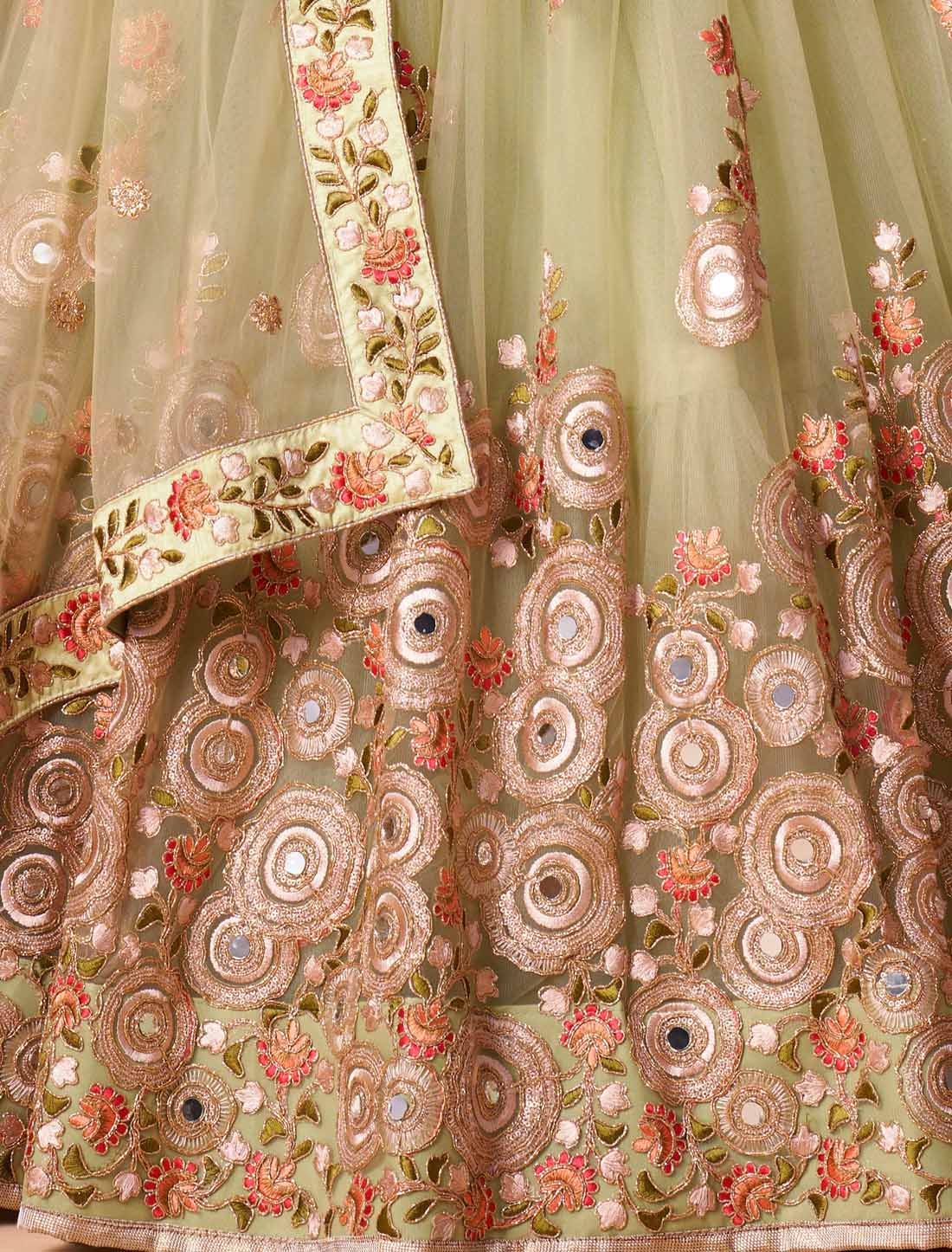 Pista Soft Net With Art Silk Thread Zari Embroidery Mirror Ethnic Lehenga Choli