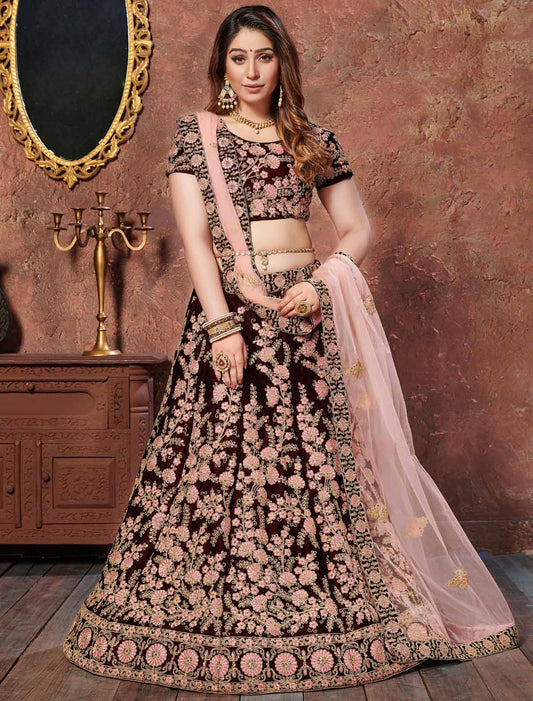 Dark Maroon Velvet Thread Sequins Embroidery Designer Ethnic Lehenga Choli