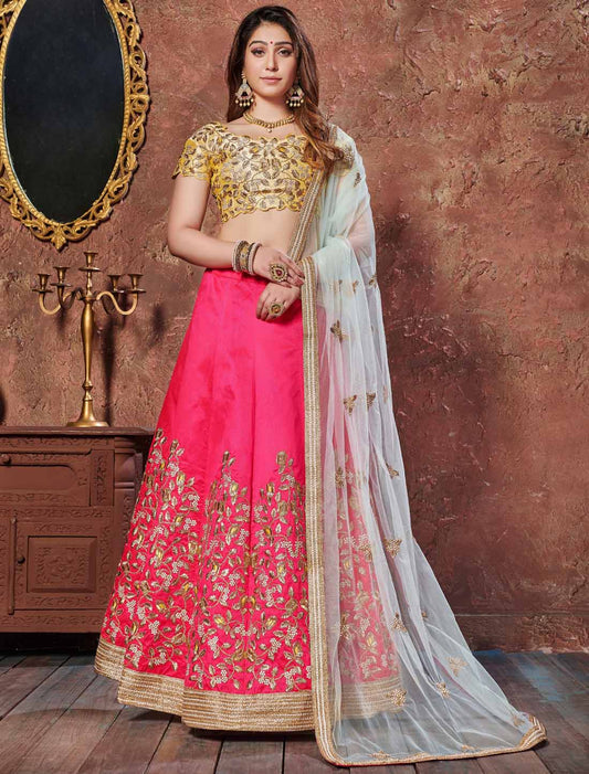 Ethnic Yellow & Pink Mulberry Thread Sequins Designer Embroidery Lehenga Choli