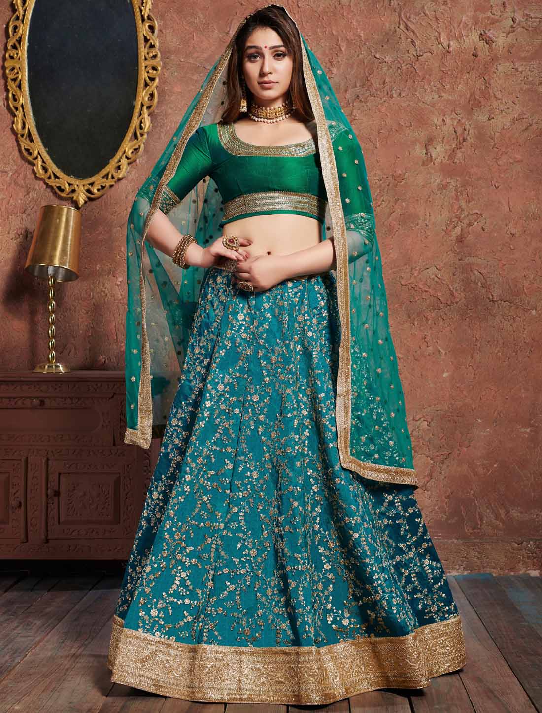 Turquoise Art Silk Zari Sequins Designer Embroidery Ethnic Lehenga Choli