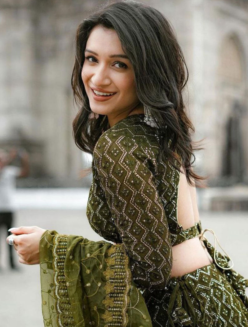 Olive Green Fox Georgette Semi-Stitch Ethnic Lehenga Choli And Net 3 MM Sequence Work With Inner Crepe
