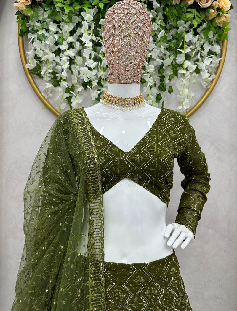 Olive Green Fox Georgette Semi-Stitch Ethnic Lehenga Choli And Net 3 MM Sequence Work With Inner Crepe