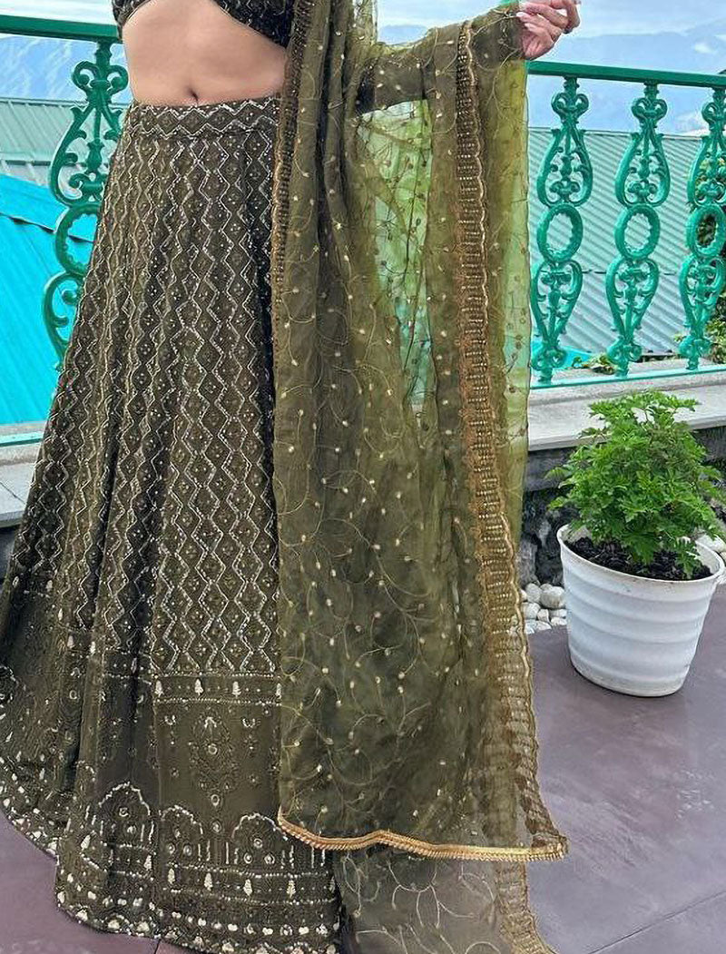 Olive Green Fox Georgette Semi-Stitch Ethnic Lehenga Choli And Net 3 MM Sequence Work With Inner Crepe