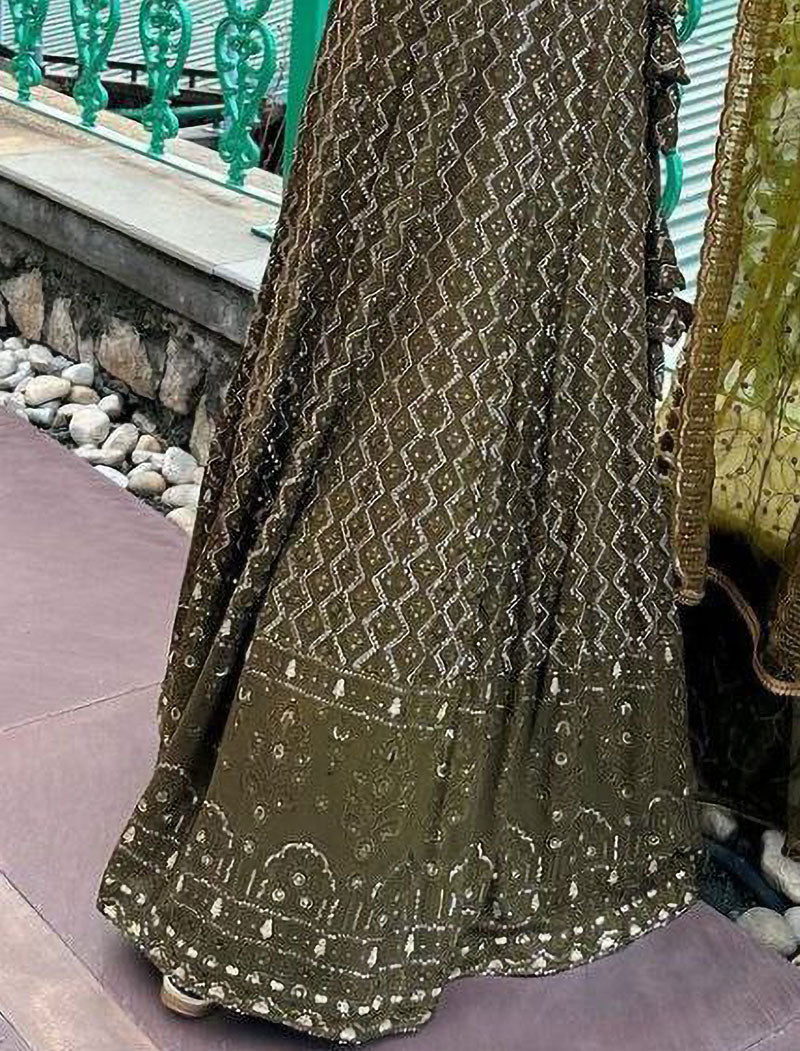 Olive Green Fox Georgette Semi-Stitch Ethnic Lehenga Choli And Net 3 MM Sequence Work With Inner Crepe