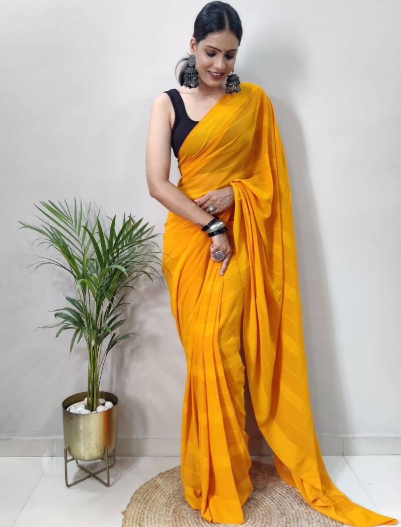 Yellow Soft Patta Style Satin Sarees with Plain Benglory Blouse Ready To Wear Sarees For Women