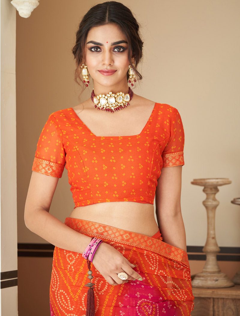 Orange Jalpari Chiffon Elegance With Tassels and Banarasi Border Ruchi Printed Sarees