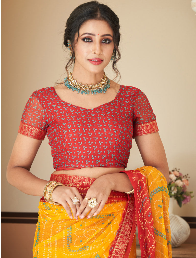 Marron & Yellow Jalpari Chiffon Elegance With Tassels and Banarasi Border Ruchi Printed Sarees