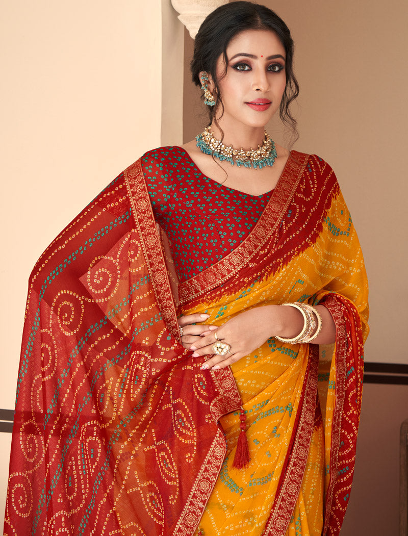 Marron & Yellow Jalpari Chiffon Elegance With Tassels and Banarasi Border Ruchi Printed Sarees