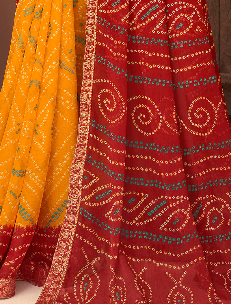 Marron & Yellow Jalpari Chiffon Elegance With Tassels and Banarasi Border Ruchi Printed Sarees