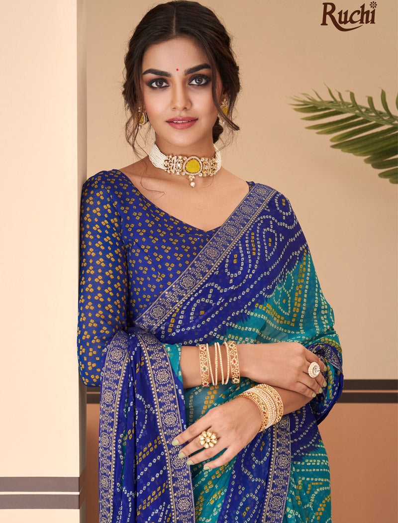 Dark Blue & Green Jalpari Chiffon Elegance With Tassels and Banarasi Border Ruchi Printed Sarees