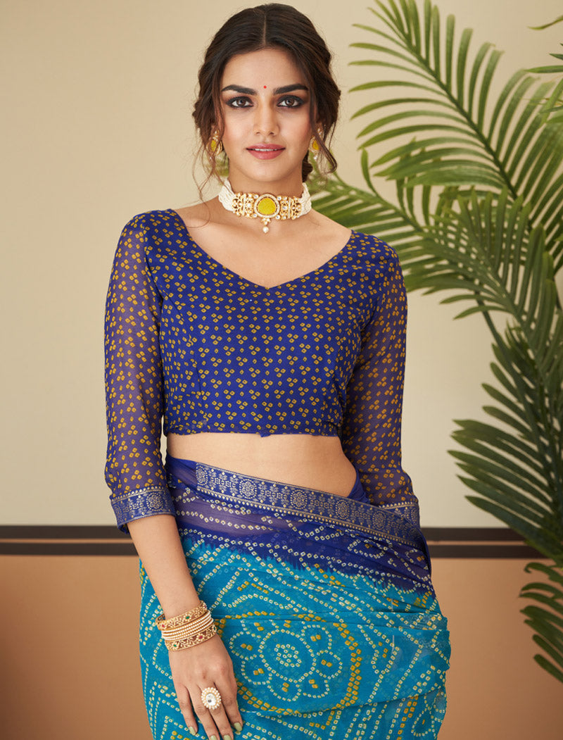 Dark Blue & Green Jalpari Chiffon Elegance With Tassels and Banarasi Border Ruchi Printed Sarees