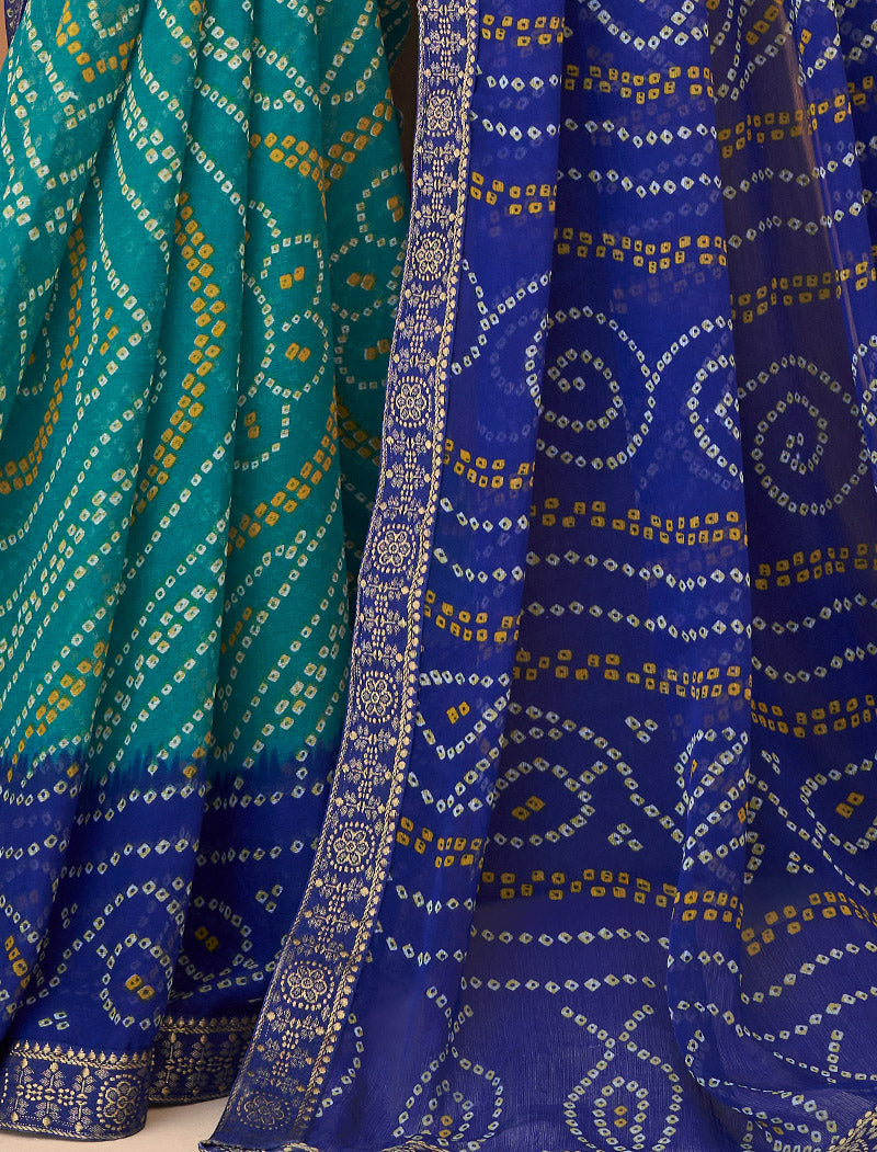 Dark Blue & Green Jalpari Chiffon Elegance With Tassels and Banarasi Border Ruchi Printed Sarees