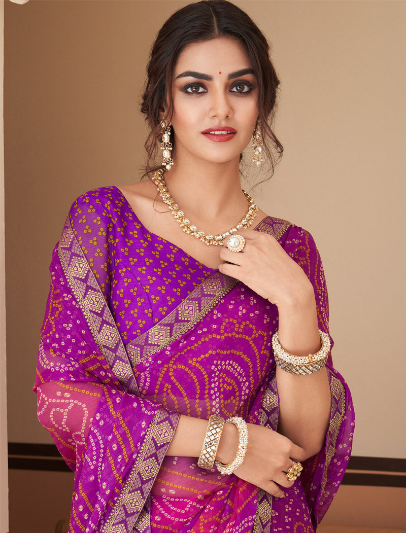 Pink & Purple Jalpari Chiffon Elegance With Tassels and Banarasi Border Ruchi Printed Sarees