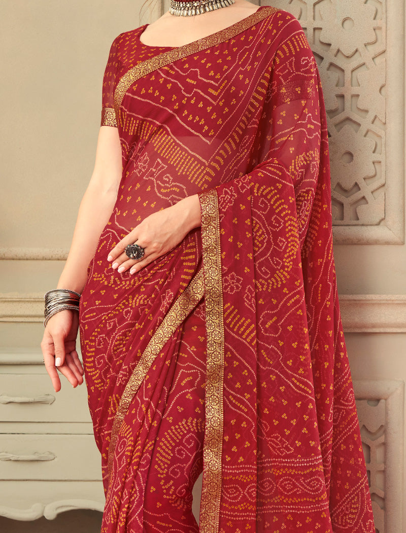 Red Simayaa Chiffon With Tassels and Banarasi Border Ruchi Printed Sarees