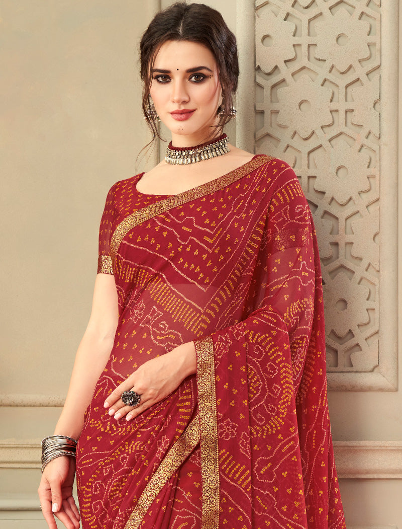 Red Simayaa Chiffon With Tassels and Banarasi Border Ruchi Printed Sarees