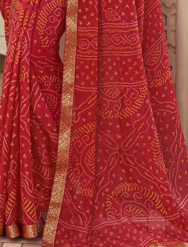 Red Simayaa Chiffon With Tassels and Banarasi Border Ruchi Printed Sarees
